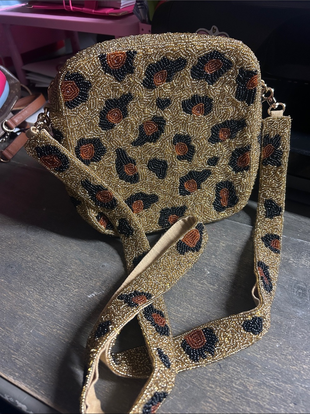 Shirdee Gold Beaded Leopard-Print Crossbody Bag